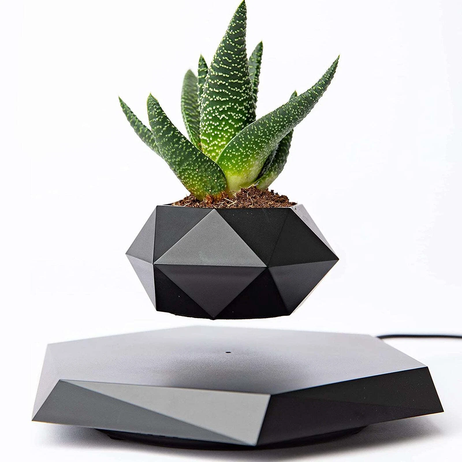 Magnetic Levitating Floating And Rotating Black Hexagon Flower Plant Pot Air Bonsai 
