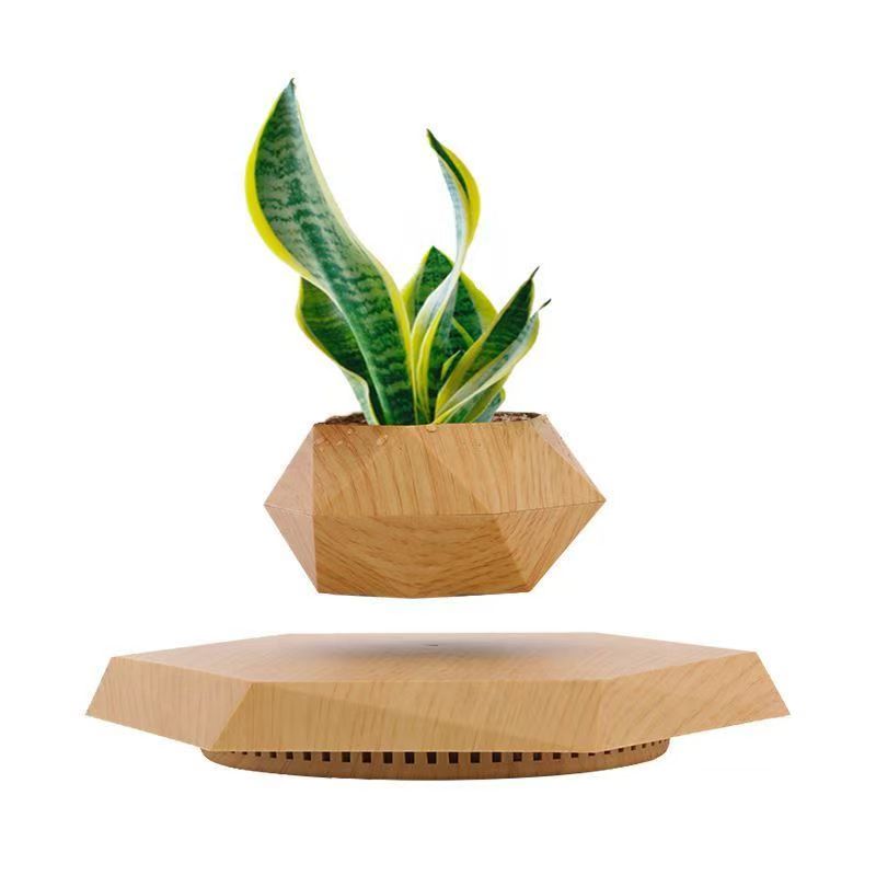 Magnetic Levitating Floating And Rotating Wood Color Hexagon Flower Plant Pot Air Bonsai
